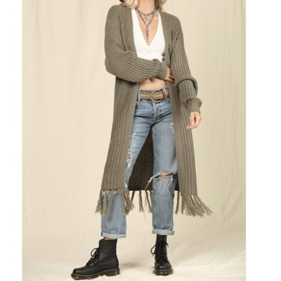 NWT Kyemi Olive Green Bohemian Fringed Cardigan Sweater - Picture 1 of 2